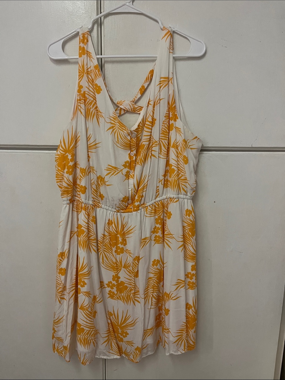 Sleeveless White Dress with Yellow Floral Print